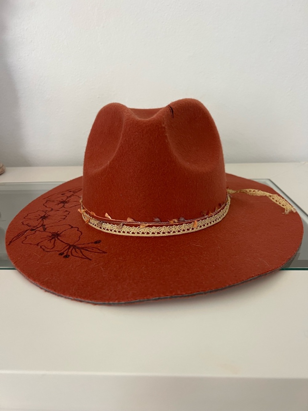 Rust Red Floral-Embroidered Wool Fedora Hat